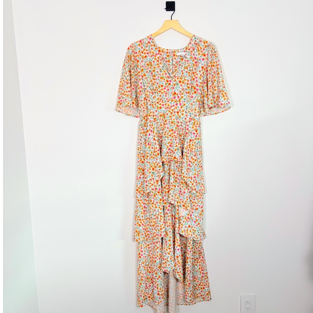 Fourteenth Place Womens Floral Tiered High Low Maxi Dress Smocked Waist Small - Picture 2 of 9